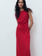Mango Red Ruched Midi Dress - Image 3 of 6