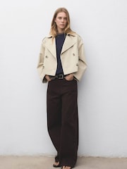 Mango Brown Double-Breasted Cropped Trench Coat - Image 1 of 7