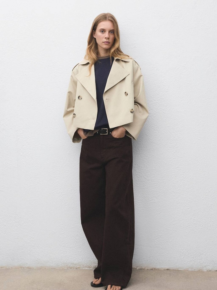 Mango Brown Double-Breasted Cropped Trench Coat - Image 1 of 7