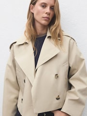 Mango Brown Double-Breasted Cropped Trench Coat - Image 3 of 7
