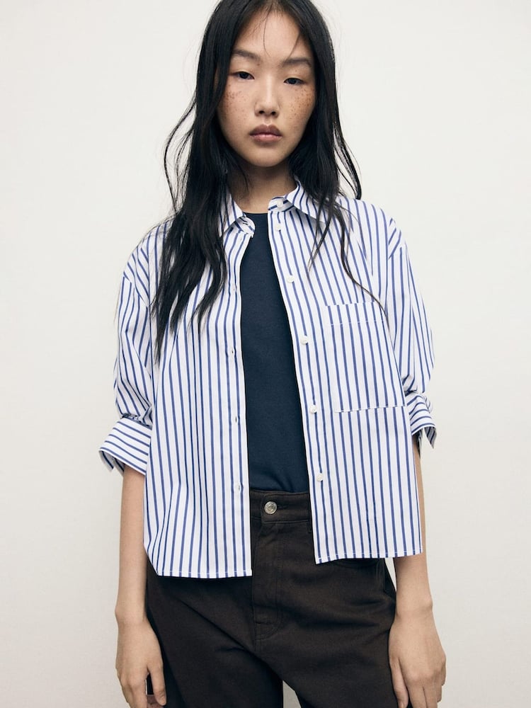 Mango Blue Striped Cropped Shirt - Image 1 of 7