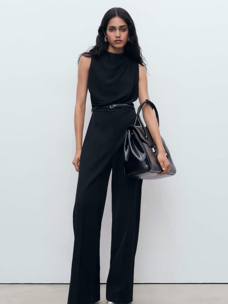 Mango Black Long Jumpsuit With Draped Neck and Belt - Image 1 of 6 Mango Black Long Jumpsuit With Draped Neck and Belt - Image 1 of 6