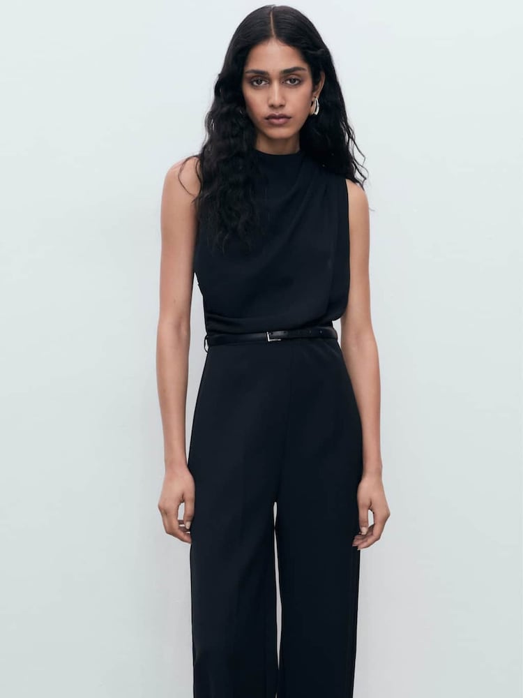 Mango Black Long Jumpsuit With Draped Neck and Belt - Image 2 of 6 Mango Black Long Jumpsuit With Draped Neck and Belt - Image 2 of 6