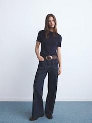 Mango Navy  Blue Wide-Leg Jeans With Pockets - Image 1 of 6