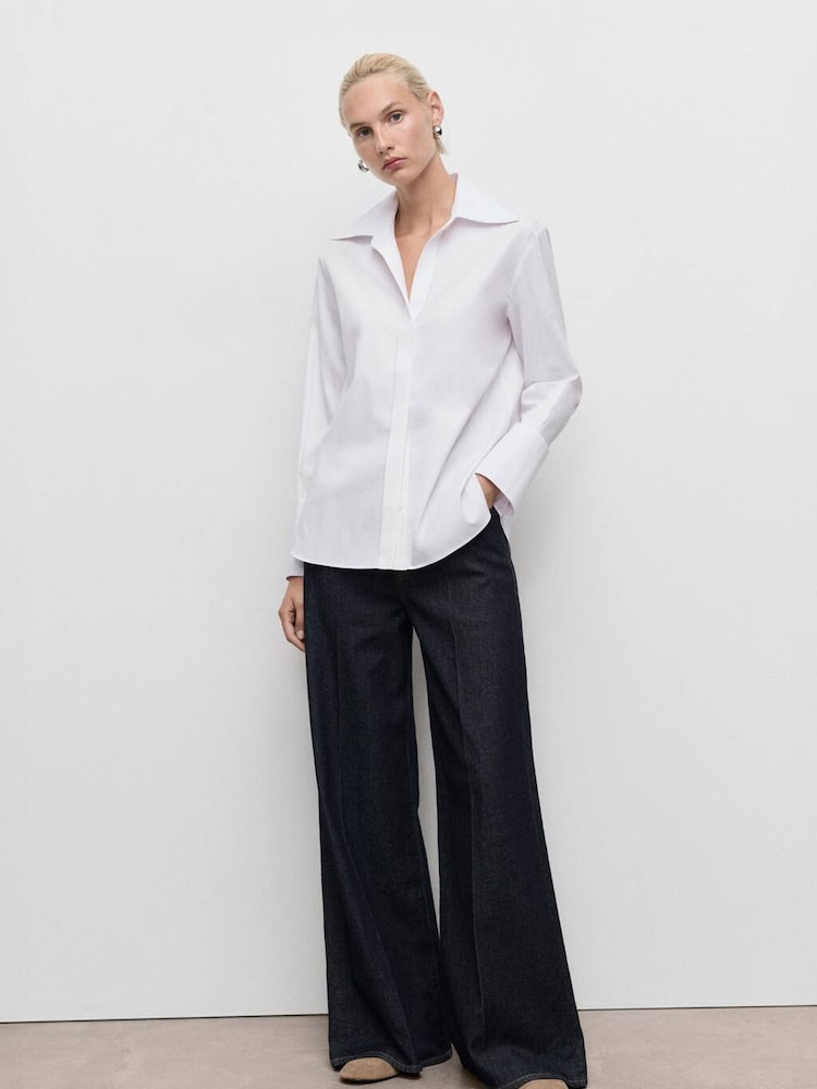 Mango White Cotton Blend Shirt With Collars - Image 1 of 6 Mango White Cotton Blend Shirt With Collars - Image 1 of 6