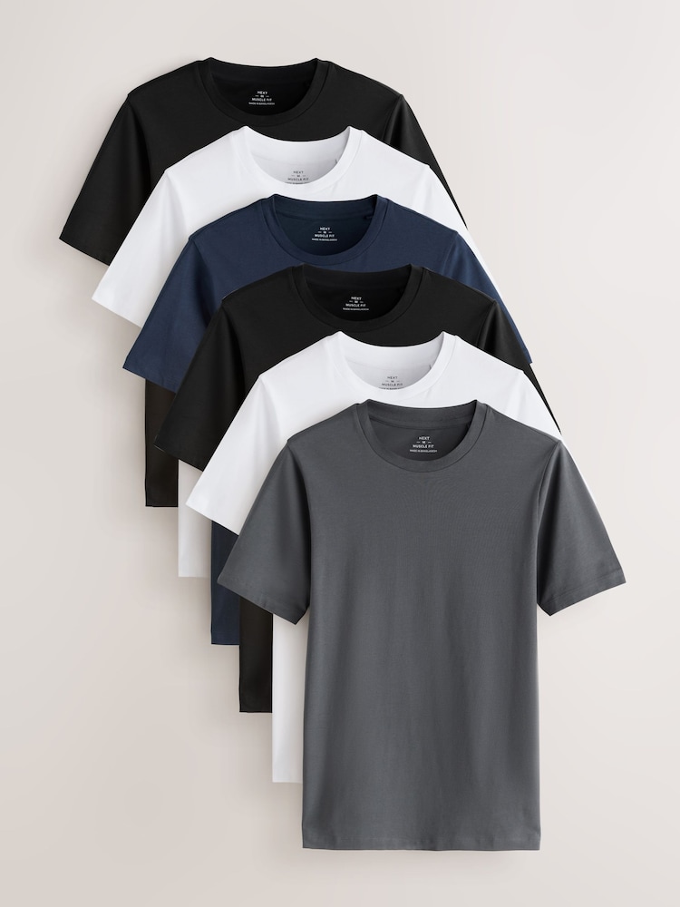 Black/White/Navy/Grey Muscle Fit Essential Cotton T-Shirts 6 Pack - Image 1 of 13 Black/White/Navy/Grey Muscle Fit Essential Cotton T-Shirts 6 Pack - Image 1 of 13