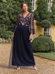 Love & Roses Navy Floral Embroidered Flute Sleeve Bridesmaid Maxi Dress - Image 1 of 4
