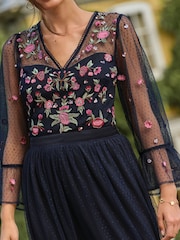 Love & Roses Navy Floral Embroidered Flute Sleeve Bridesmaid Maxi Dress - Image 2 of 4