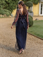 Love & Roses Navy Floral Embroidered Flute Sleeve Bridesmaid Maxi Dress - Image 3 of 4