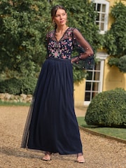 Love & Roses Navy Floral Embroidered Flute Sleeve Bridesmaid Maxi Dress - Image 4 of 4