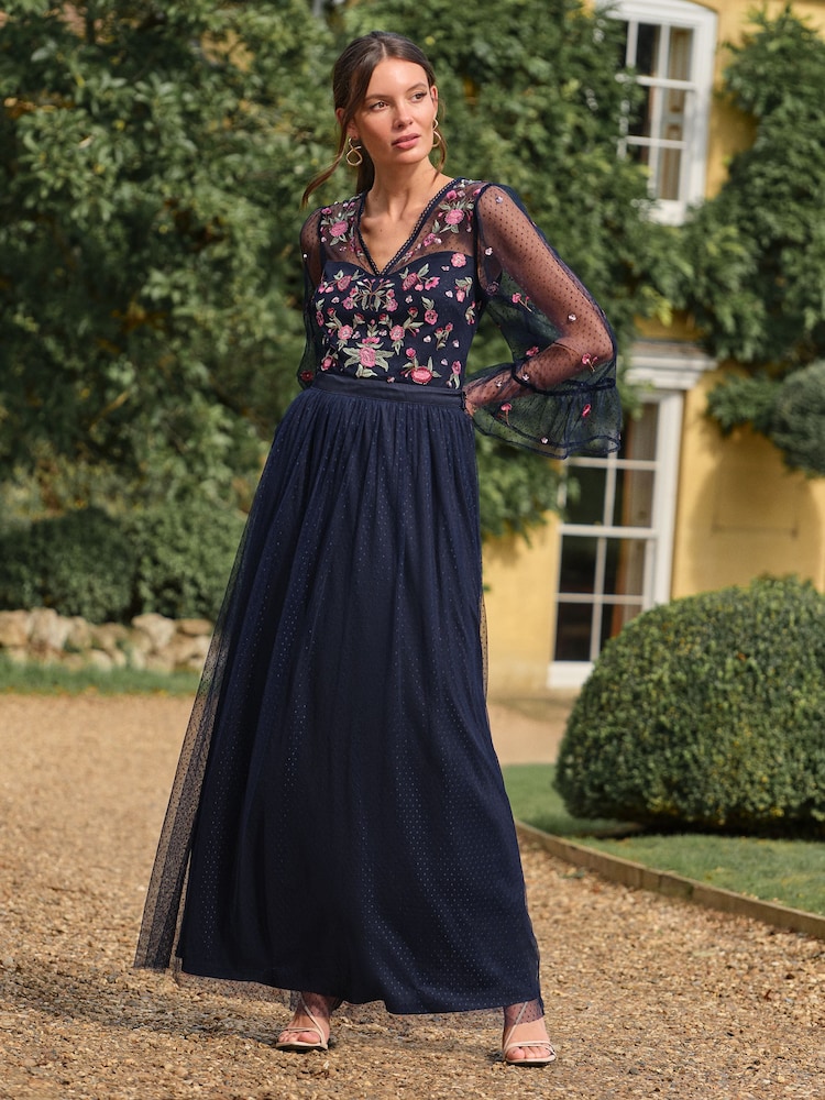 Love & Roses Navy Floral Embroidered Flute Sleeve Bridesmaid Maxi Dress - Image 4 of 4