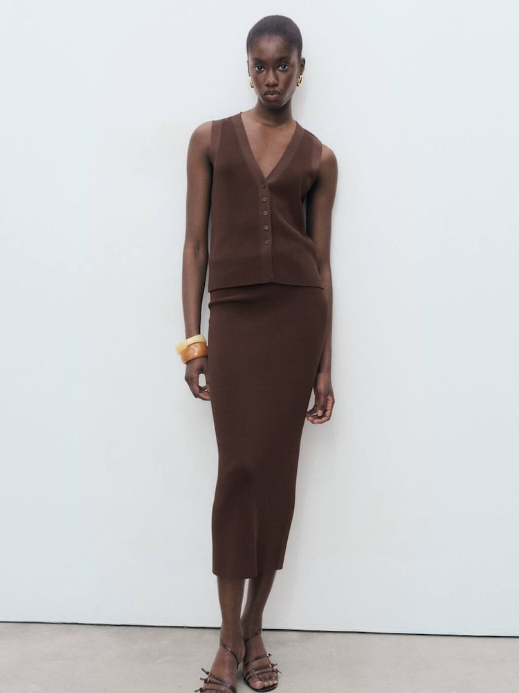 Mango Brown Fine Knit Midi Skirt - Image 1 of 6 Mango Brown Fine Knit Midi Skirt - Image 1 of 6