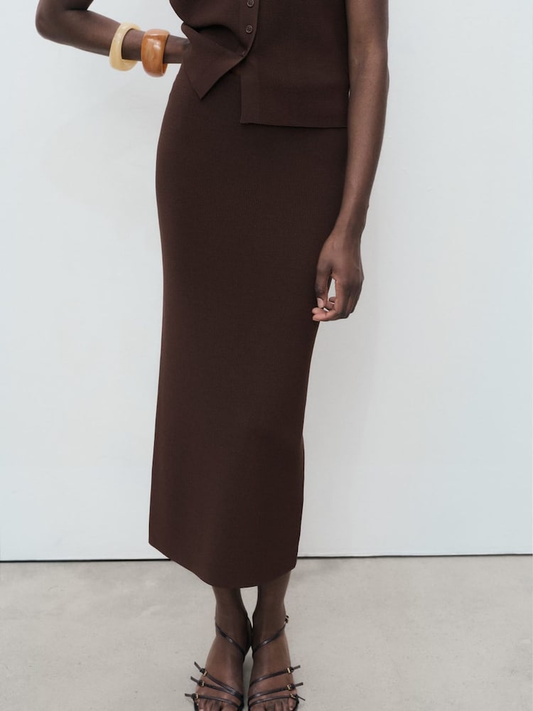 Mango Brown Fine Knit Midi Skirt - Image 2 of 6 Mango Brown Fine Knit Midi Skirt - Image 2 of 6