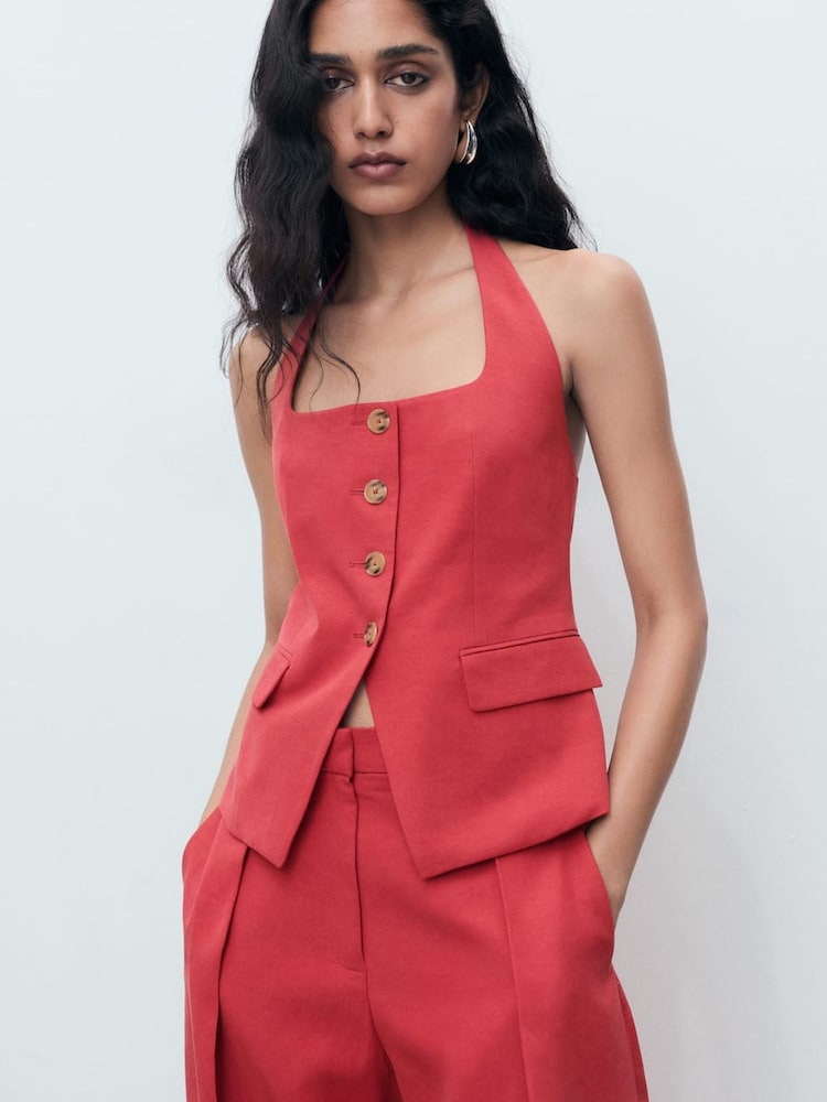 Mango Red Linen-Blend Suit Waistcoat - Image 1 of 7 Mango Red Linen-Blend Suit Waistcoat - Image 1 of 7