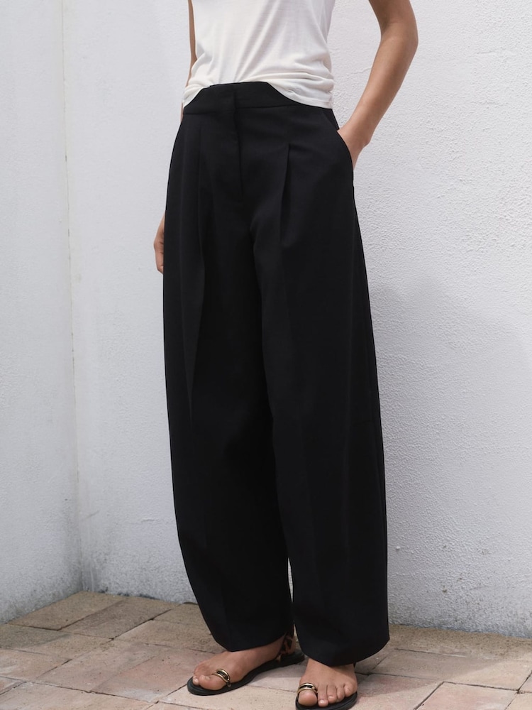 Mango Black Pleated Wide Leg Trousers - Image 1 of 8