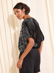 Friends Like These Black Velvet Sequin Flutter Sleeve Top - Image 5 of 5