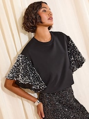 Friends Like These Black Contrast Velvet Sequin Sleeve Top - Image 2 of 4