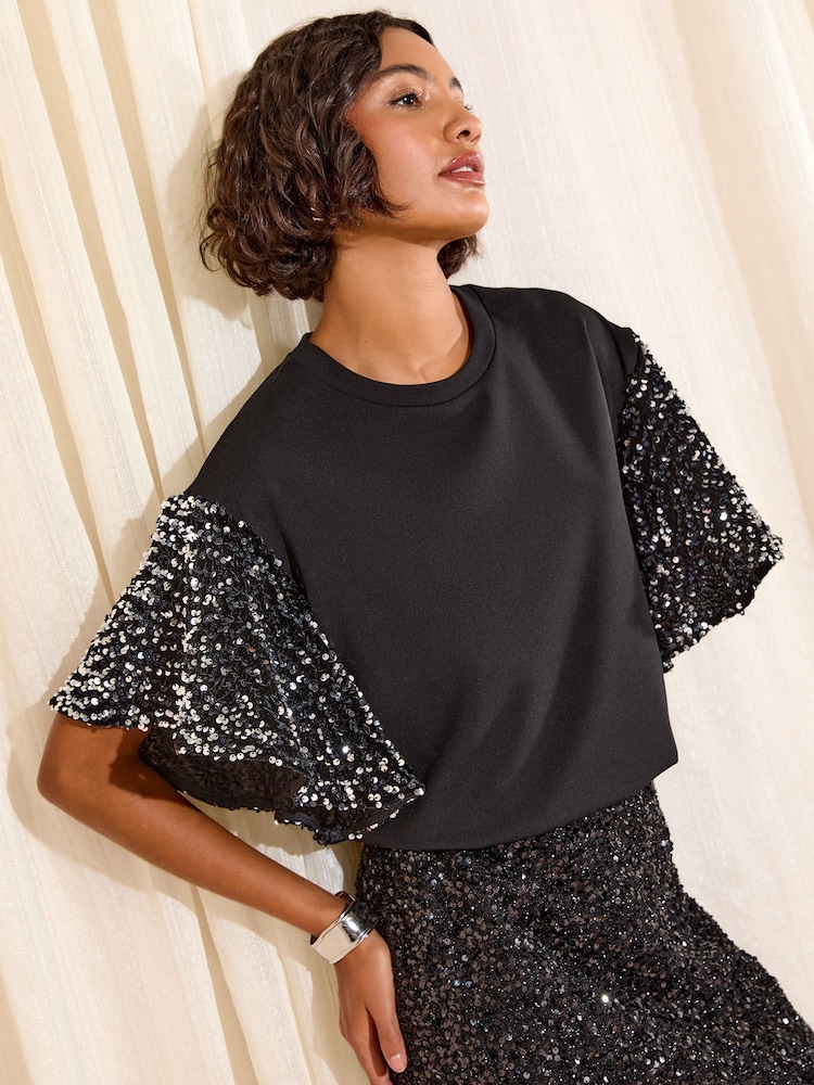 Friends Like These Black Contrast Velvet Sequin Sleeve Top - Image 2 of 4