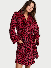 Victoria's Secret Black with Red Hearts Fluffy Short Dressing Gown - Image 1 of 2