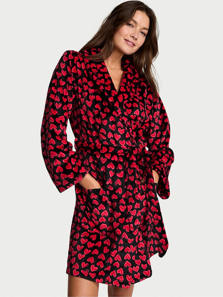 Victoria's Secret Black with Red Hearts Fluffy Short Dressing Gown - Image 1 of 2