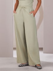Sage Green Woven Look Wide Leg Trousers - Image 1 of 7