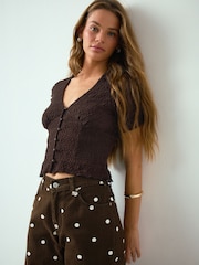 Maro Ciocolată - Lace V-Neck Short Sleeve Waistcoat - Imaginea 1 din 8