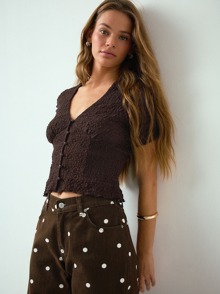 Maro Ciocolată - Lace V-Neck Short Sleeve Waistcoat - Imaginea 1 din 8