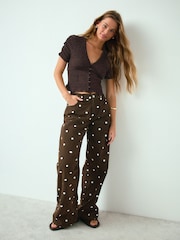 Maro Ciocolată - Lace V-Neck Short Sleeve Waistcoat - Imaginea 2 din 8