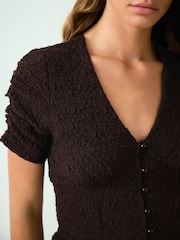 Maro Ciocolată - Lace V-Neck Short Sleeve Waistcoat - Imaginea 4 din 8