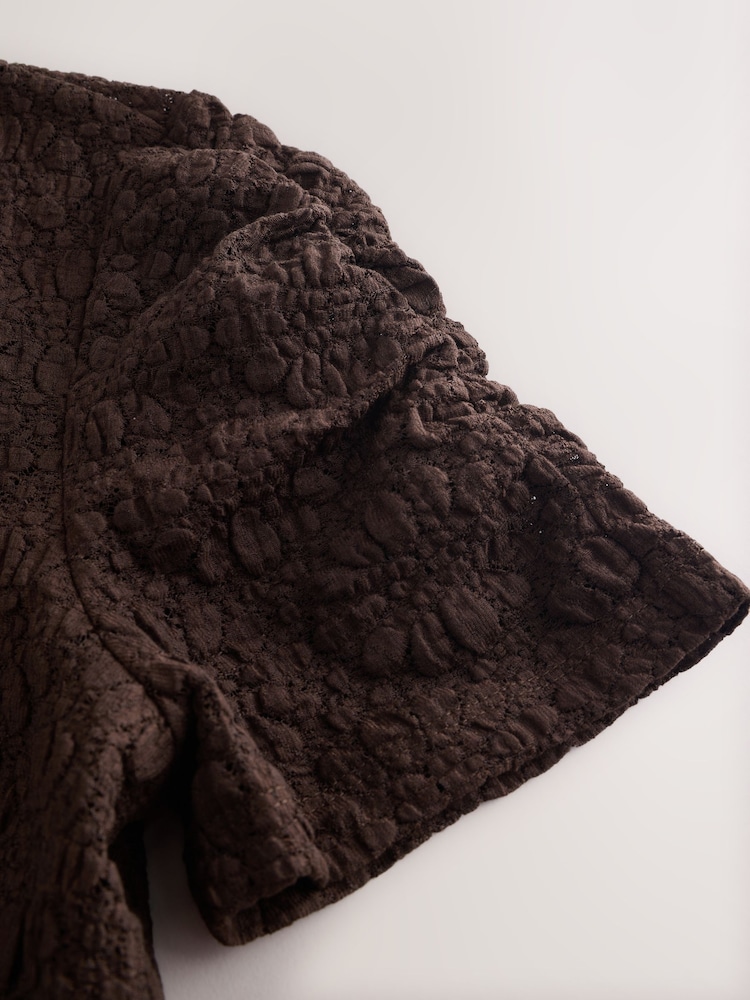 Maro Ciocolată - Lace V-Neck Short Sleeve Waistcoat - Imaginea 8 din 8