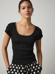 Black Texture Short Sleeved Scoop Neck Top - Image 1 of 8