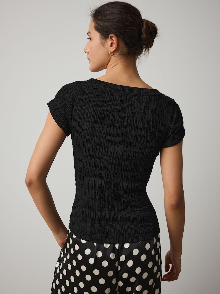 Black Texture Short Sleeved Scoop Neck Top - Image 2 of 8