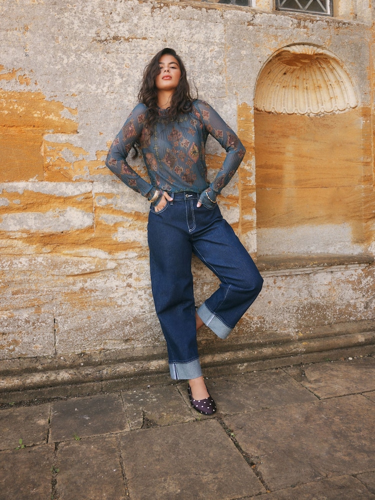 Blaugrüner Druck - National Trust x Next Crinkle-Mesh Langarmshirt mit Rundhalsausschnitt - Bild 2 von 9