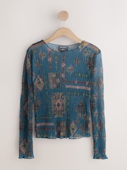 Blaugrüner Druck - National Trust x Next Crinkle-Mesh Langarmshirt mit Rundhalsausschnitt - Bild 7 von 9