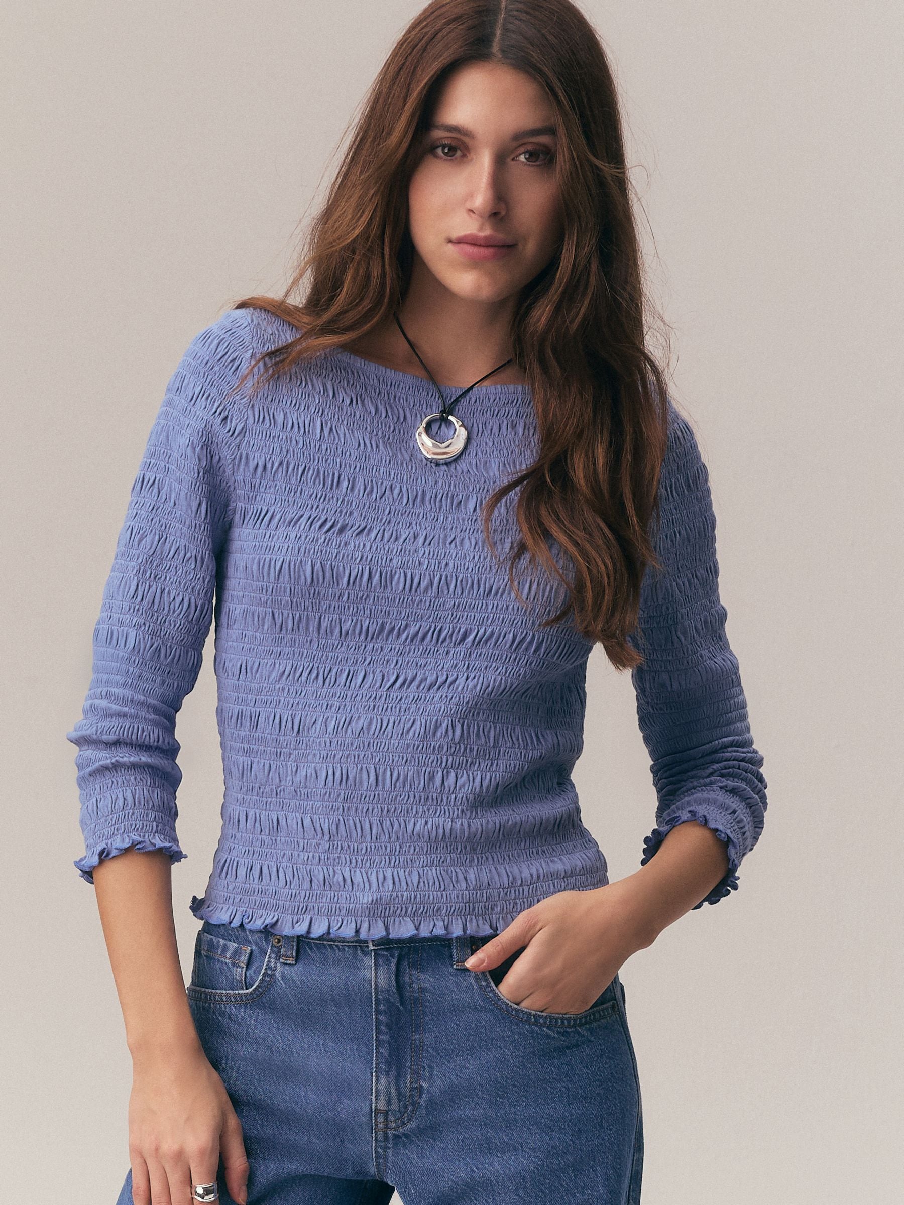 Buy Blue Shirred Long Sleeve Slash Neck Blouse from Next USA