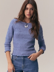 Albastru - Shirred Long Sleeve Slash Neck Blouse - Imaginea 1 din 9