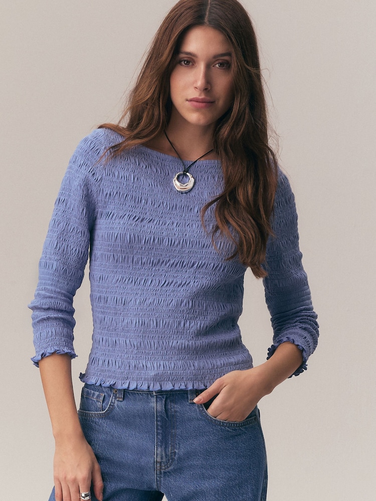 Albastru - Shirred Long Sleeve Slash Neck Blouse - Imaginea 1 din 9