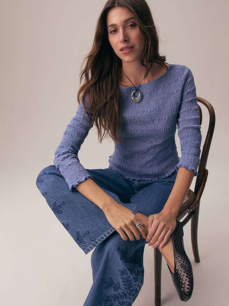 Albastru - Shirred Long Sleeve Slash Neck Blouse - Imaginea 2 din 9