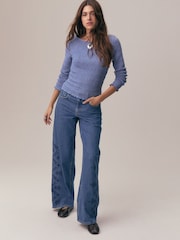 Albastru - Shirred Long Sleeve Slash Neck Blouse - Imaginea 3 din 9