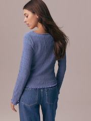 Albastru - Shirred Long Sleeve Slash Neck Blouse - Imaginea 4 din 9