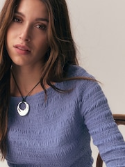 Albastru - Shirred Long Sleeve Slash Neck Blouse - Imaginea 5 din 9