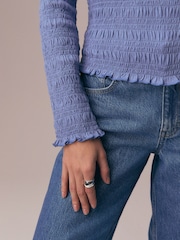 Albastru - Shirred Long Sleeve Slash Neck Blouse - Imaginea 6 din 9