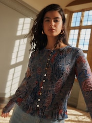 Blue Floral Print National Trust x Next Shirred Mesh Long Sleeve Button Through Top - Image 1 of 9