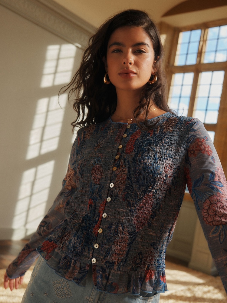Blue Floral Print National Trust x Next Shirred Mesh Long Sleeve Button Through Top - Image 1 of 9 Blue Floral Print National Trust x Next Shirred Mesh Long Sleeve Button Through Top - Image 1 of 9