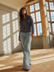 Blue Floral Print National Trust x Next Shirred Mesh Long Sleeve Button Through Top - Image 2 of 9