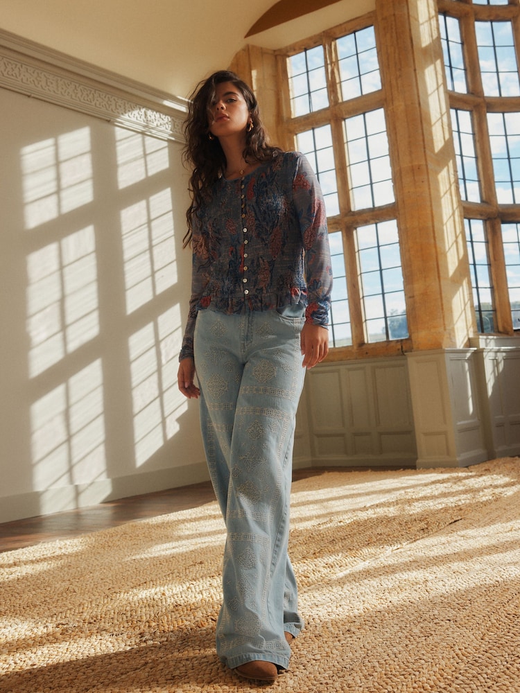 Blue Floral Print National Trust x Next Shirred Mesh Long Sleeve Button Through Top - Image 2 of 9 Blue Floral Print National Trust x Next Shirred Mesh Long Sleeve Button Through Top - Image 2 of 9