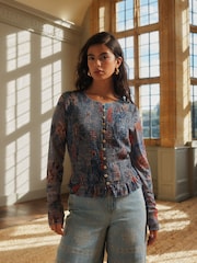 Blue Floral Print National Trust x Next Shirred Mesh Long Sleeve Button Through Top - Image 4 of 9