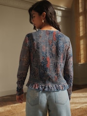 Blue Floral Print National Trust x Next Shirred Mesh Long Sleeve Button Through Top - Image 5 of 9