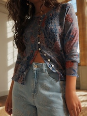Blue Floral Print National Trust x Next Shirred Mesh Long Sleeve Button Through Top - Image 6 of 9