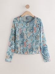 Blue Floral Print National Trust x Next Shirred Mesh Long Sleeve Button Through Top - Image 7 of 9